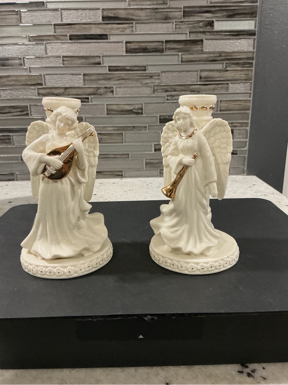 Mikasa Holiday Elegance Angel Candle Holders Set of 2 Fine Porcelain Gold Trim F